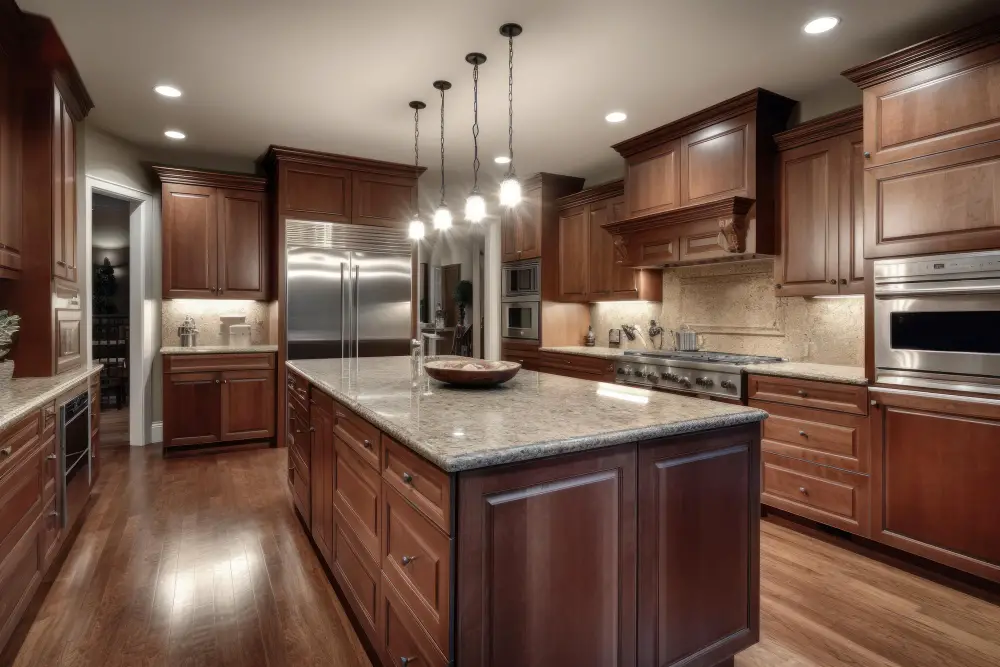 cherry cabinets kitchen with lights