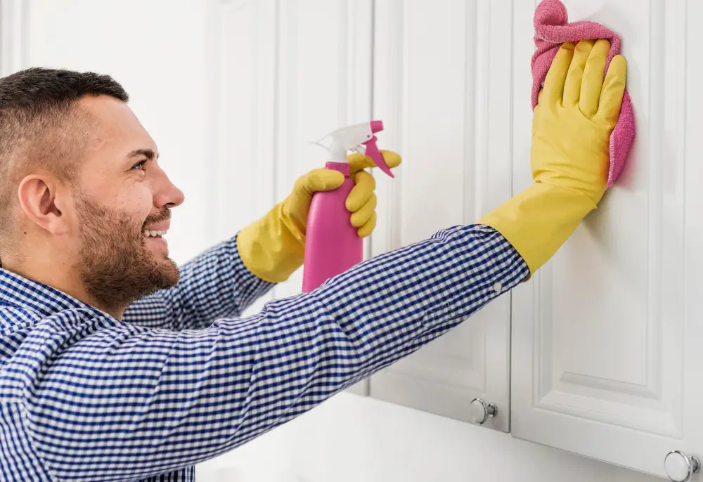 man cleaning cabinet