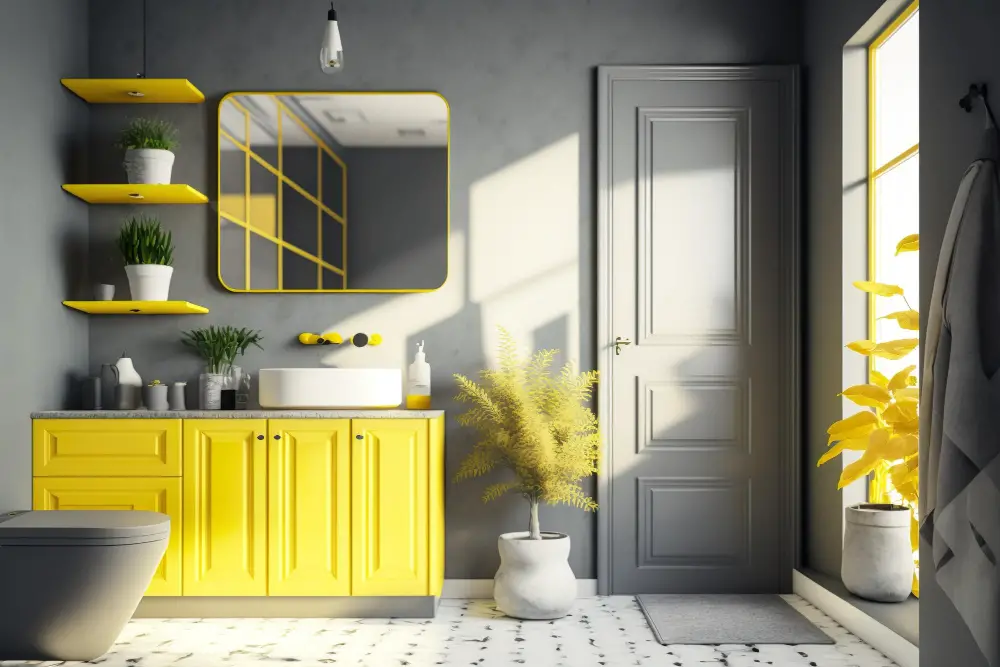 Gray Vanity With Yellow Hardware Bathroom