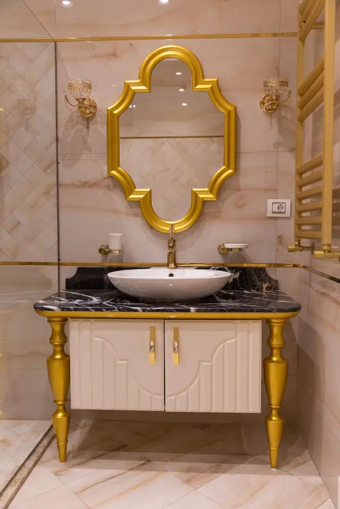 Yellow Framed Mirror Bathroom