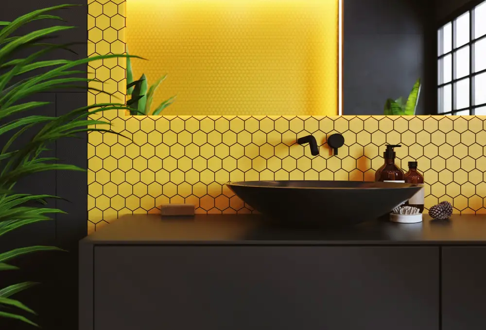 Yellow Patterned Wallpaper Bathroom