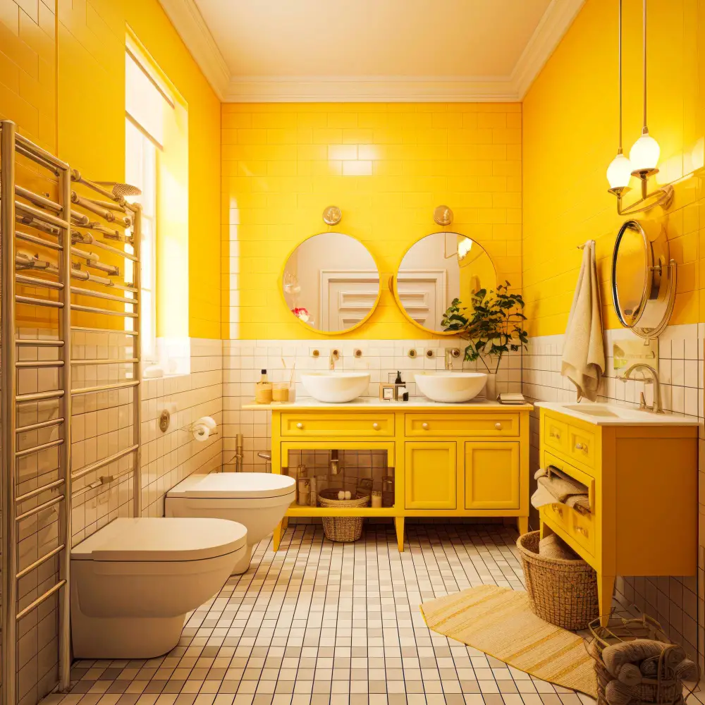 Yellow Shelves and Storage Bathroom