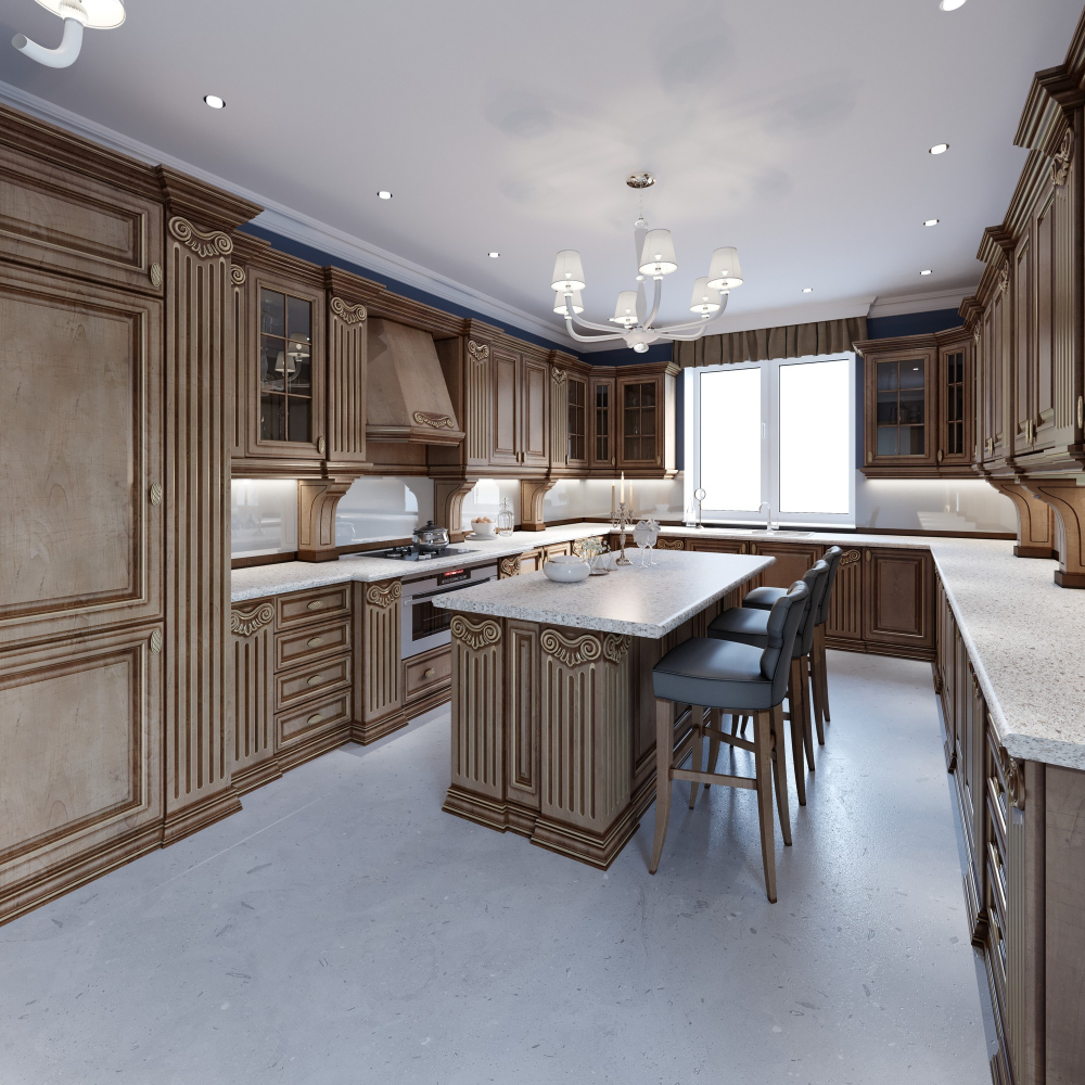 oak wood kitchen cabinets with lighting