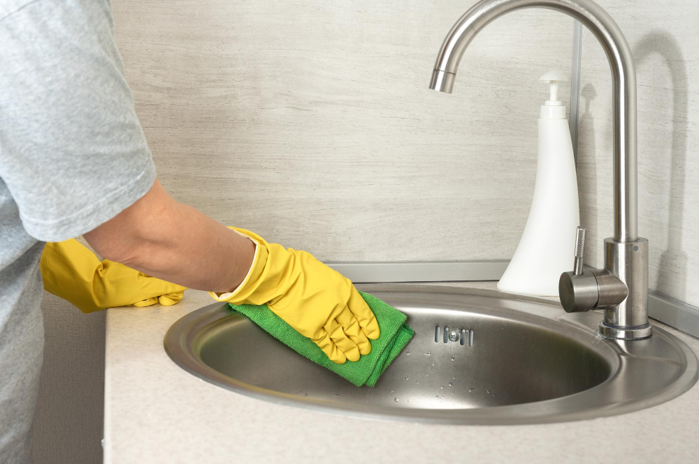 Cleaning soap dispenser area clean sink