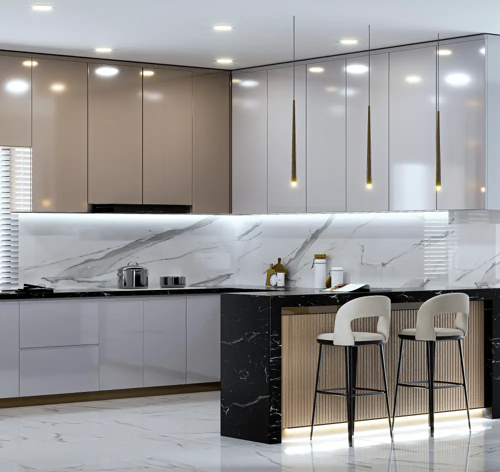 Modern kitchen with hanging light stools can or recessed lighting