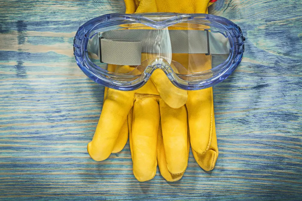 Safety leather gloves and goggles