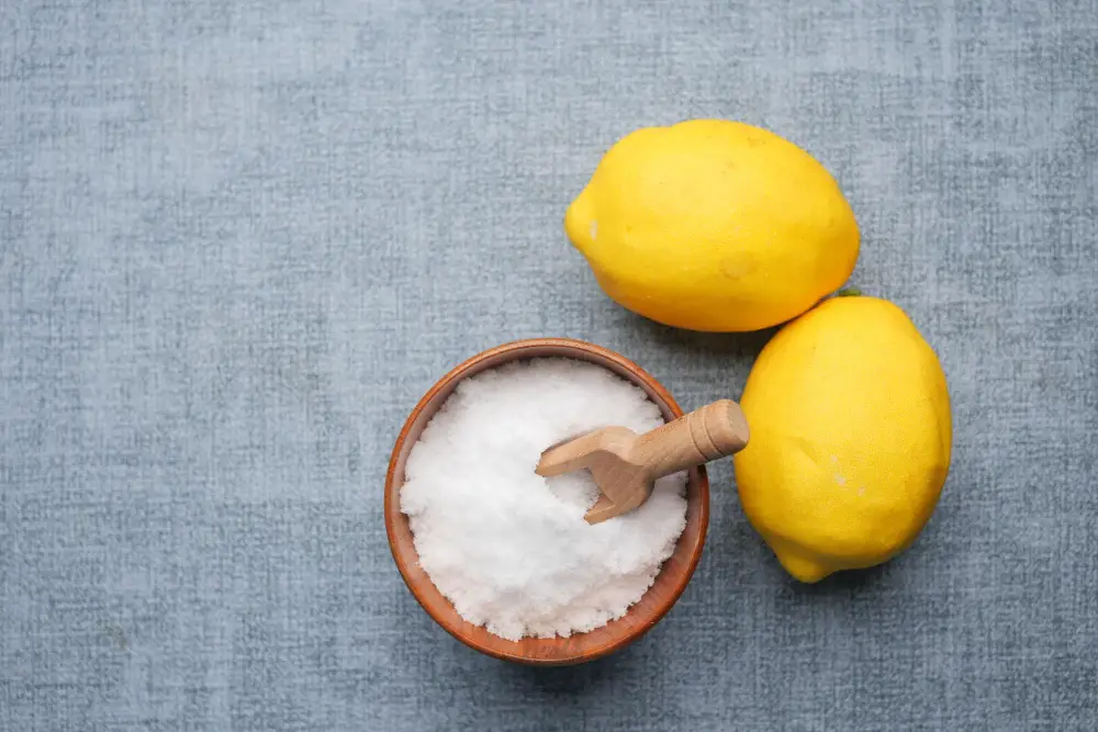 coarse salt in a spoon and lemon cleaning