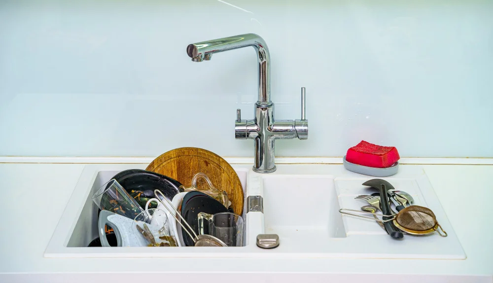 porcelain kitchen sink dirty dishes