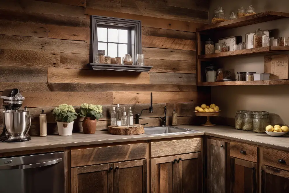 reclaimed barnwood kitchen cabinet and wall