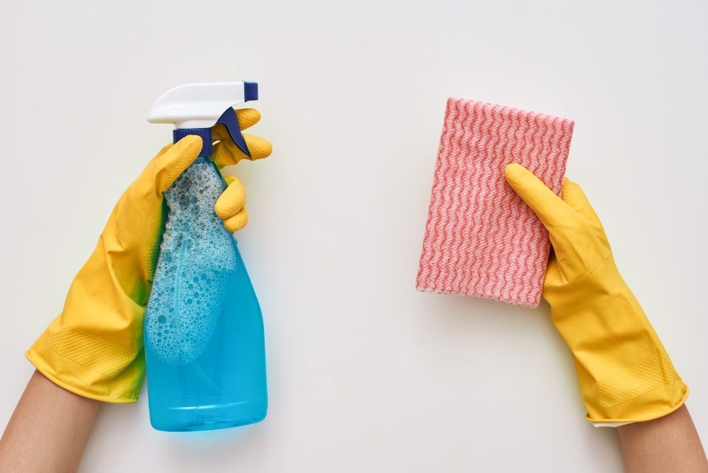 soapy water and a microfiber cloth cleaning