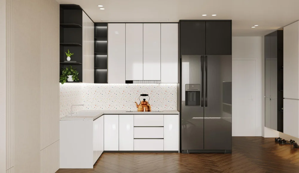 Acrylic White Kitchen Cabinets Gray Refrigerator Shelf