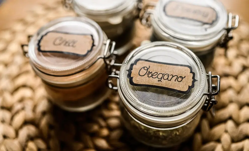 Apothecary spice jars with labels kitchen pantry
