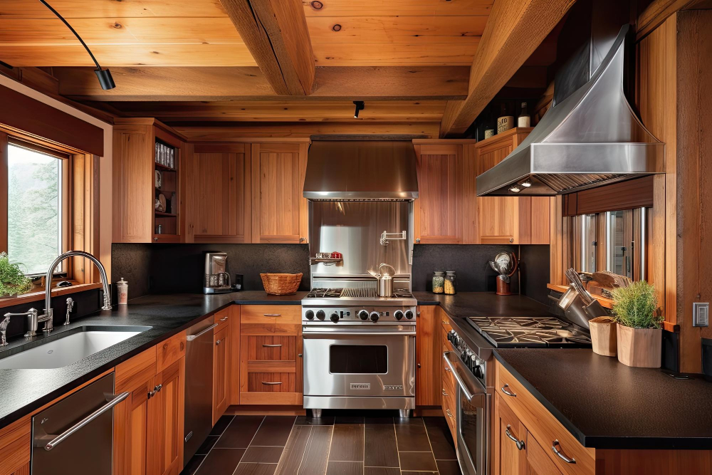 Black Countertop with Wooden Kitchen Cabinets Stainless Exhaust Hood