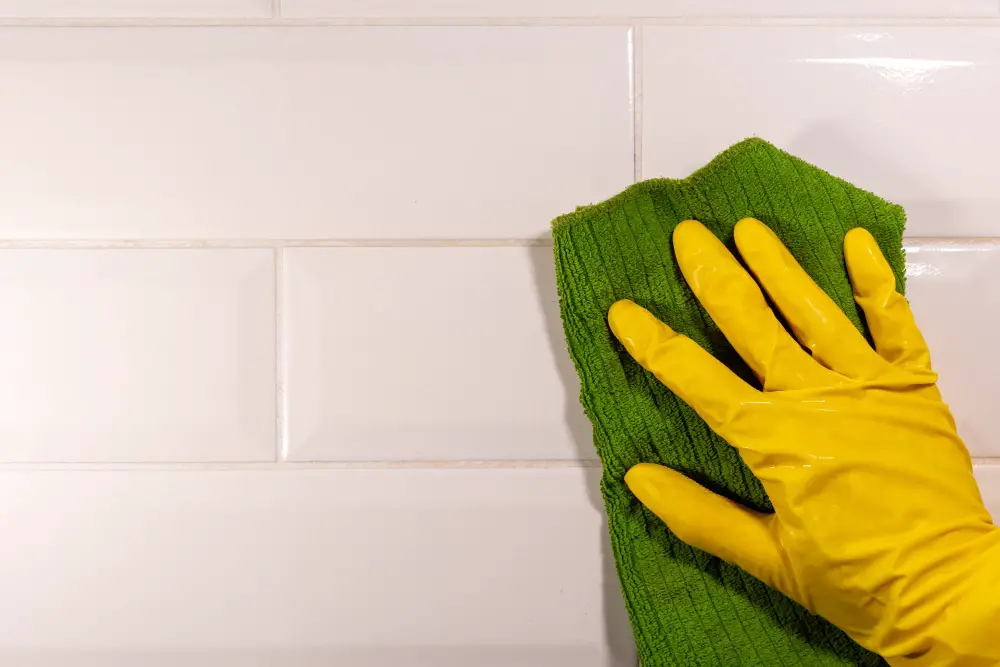 Cleaning Excess Grout with Cloth Kitchen Backsplash