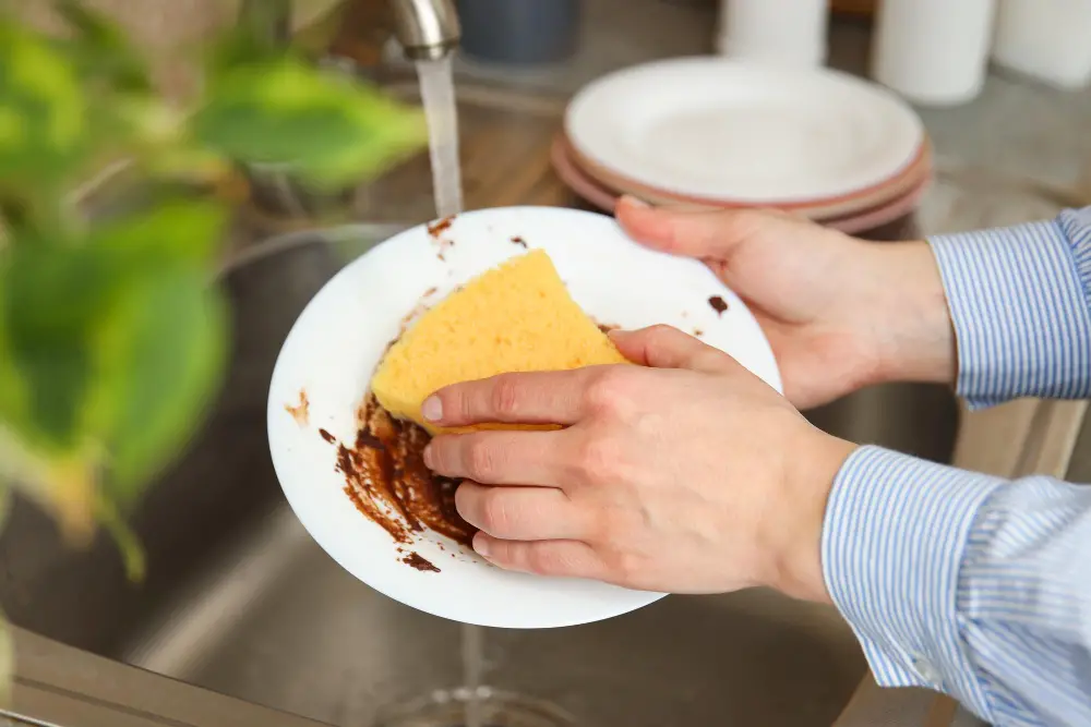 Common Causes of Kitchen Sink Backups - Washing Rinsing Dishes with Small Food Debris