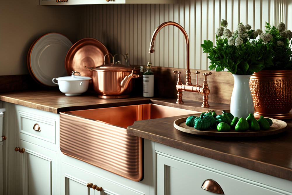 Copper Kitchen Sink With Copper Cookwares And Faucet 