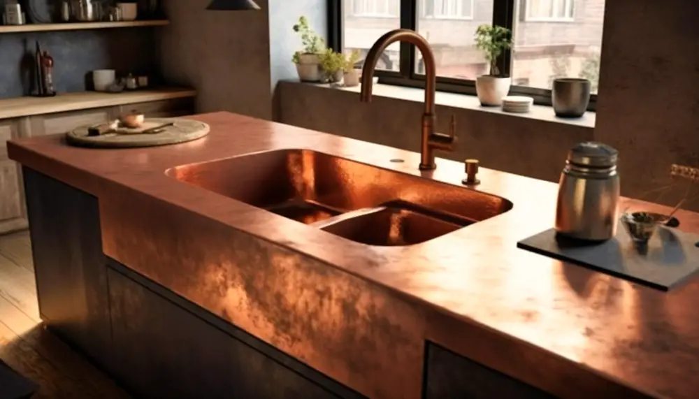 Copper Kitchen countertop with sink Patina Durability
