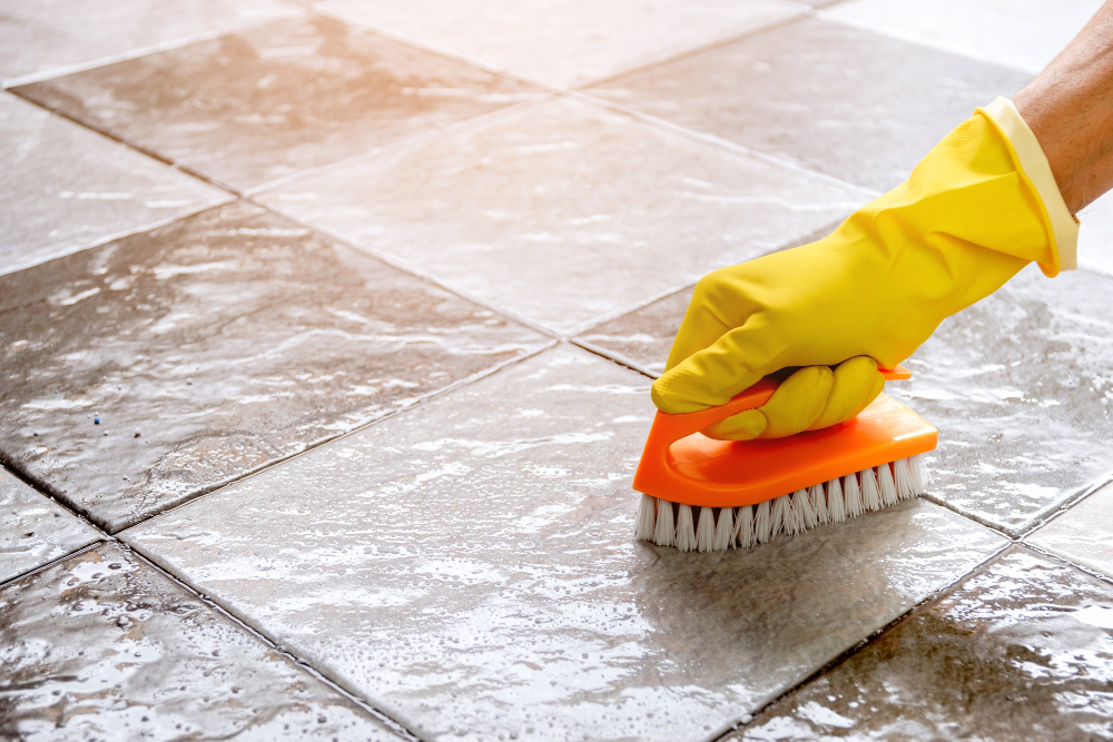 Deep Cleaning Process - Scrubbing Stone Kitchen Floor