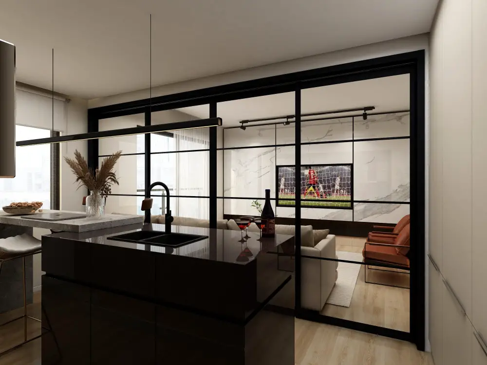 Glass Panels Kitchen and Living Divider