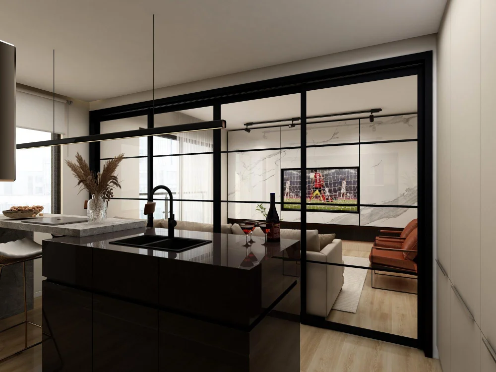 Glass Panels Kitchen and Living Divider