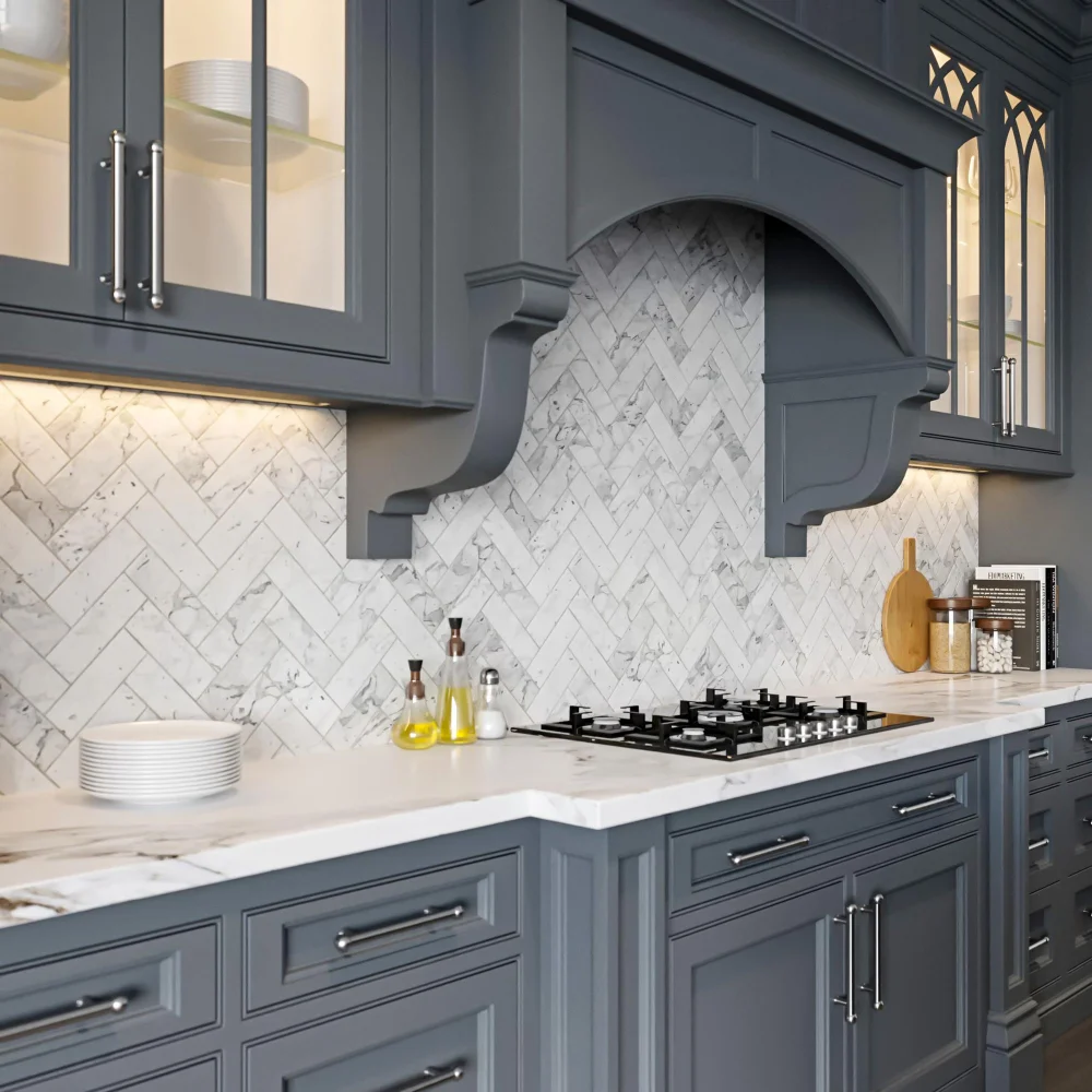 Grey Kitchen Cabinet with Lights Marble Countertop Backsplash