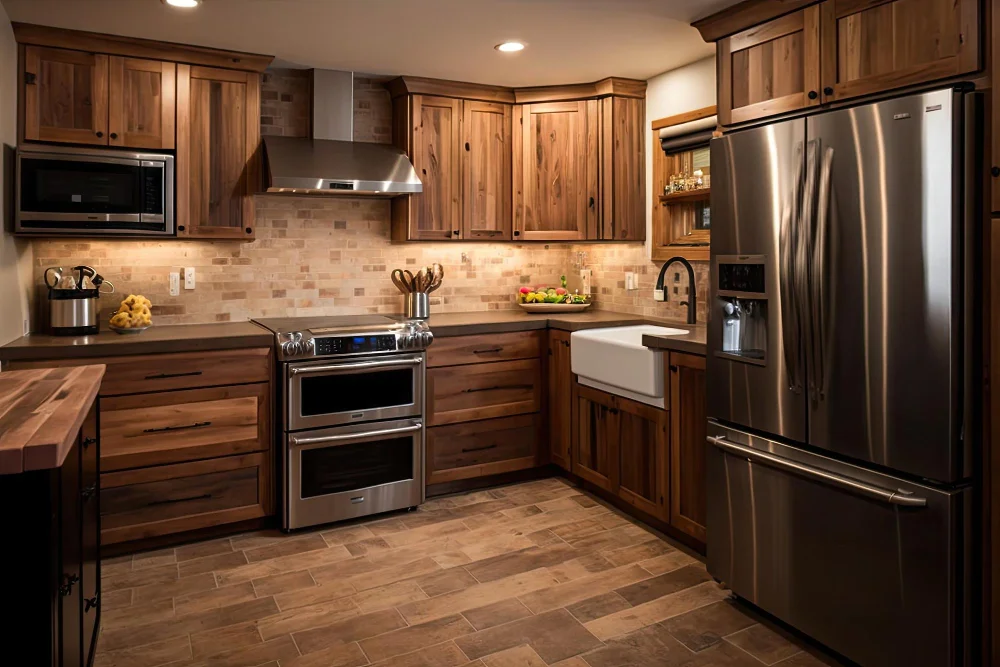 Hickory Wood Kitchen Cabinets - Stainless Steel Appliances White Farmhouse Sink