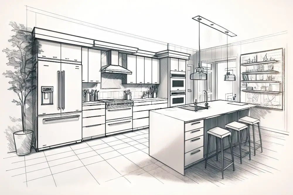 Kitchen Island Layout Sketch Drawing  with Cabinet Drawers and Seating Options