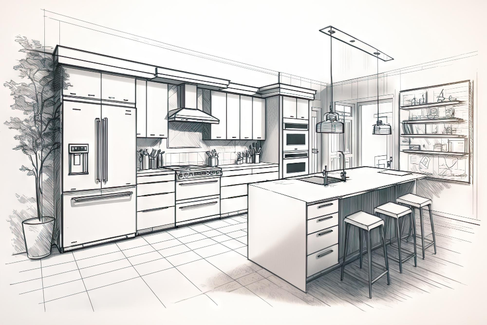 Kitchen Island Layout Sketch Drawing with Cabinet Drawers and Seating Options