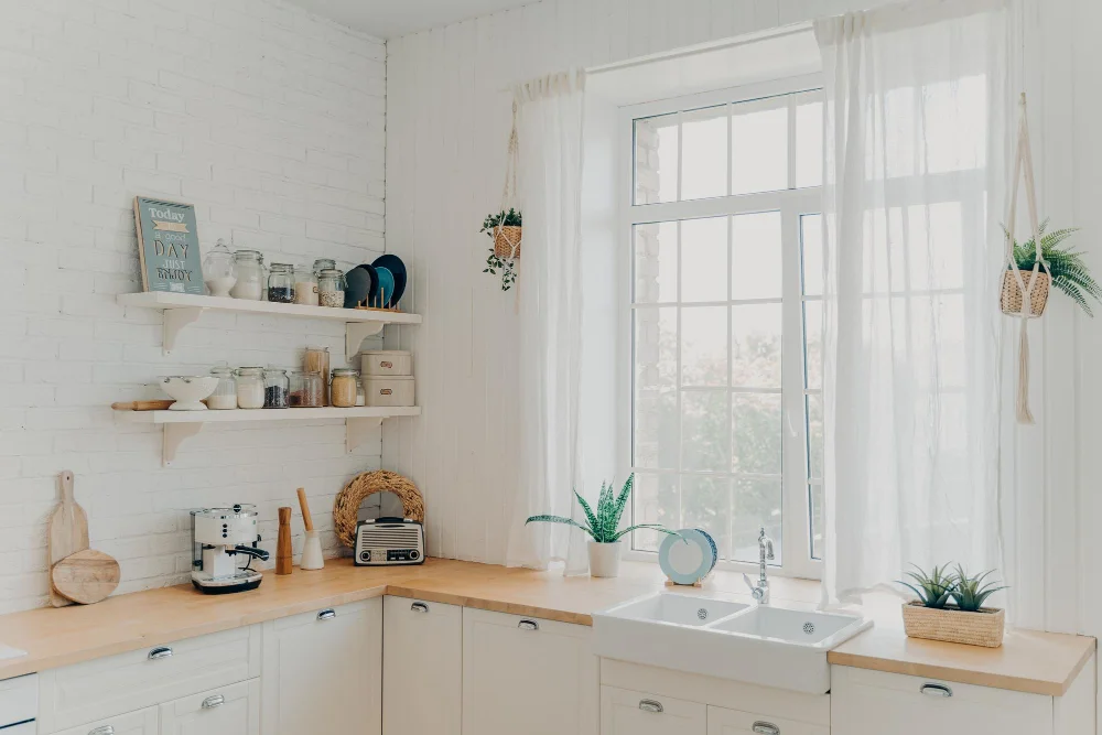 Kitchen Window Curtains Wood Countertop White Cabinets Open Shelves