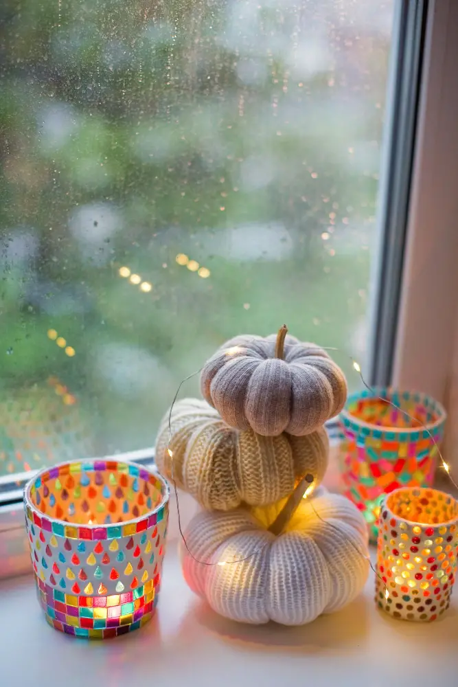 Kitchen Window Sill Art Painted Glasses Knitted Squash with Lights