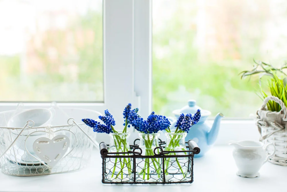 Kitchen Window Sill Basket with cups flowers
