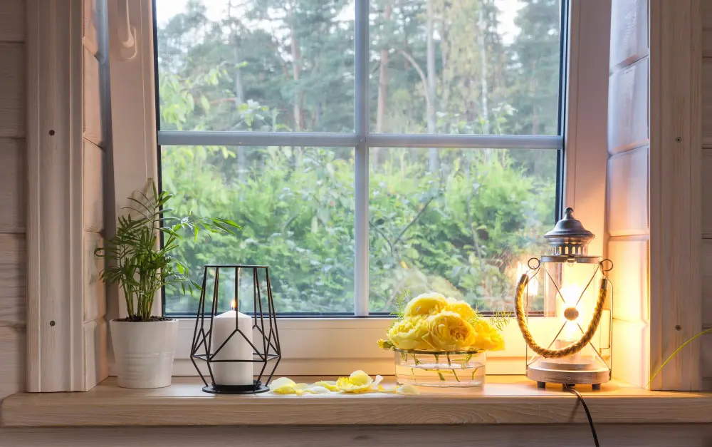 Kitchen Window Sill Candle Lantern Flowers Plants