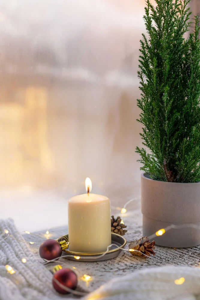 Kitchen Window Sill Christmas Decor Table Runner Balls Lights Potted Christmas Tree
