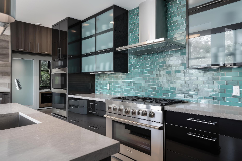 Modern Black Cabinets with Glass Exhaust Hood Cabinet Appliances Blue Glass Tiles Backsplash