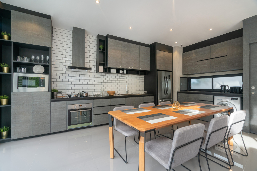 Modern Grey Kitchen Cabinet White Backsplash Exhaust Hood