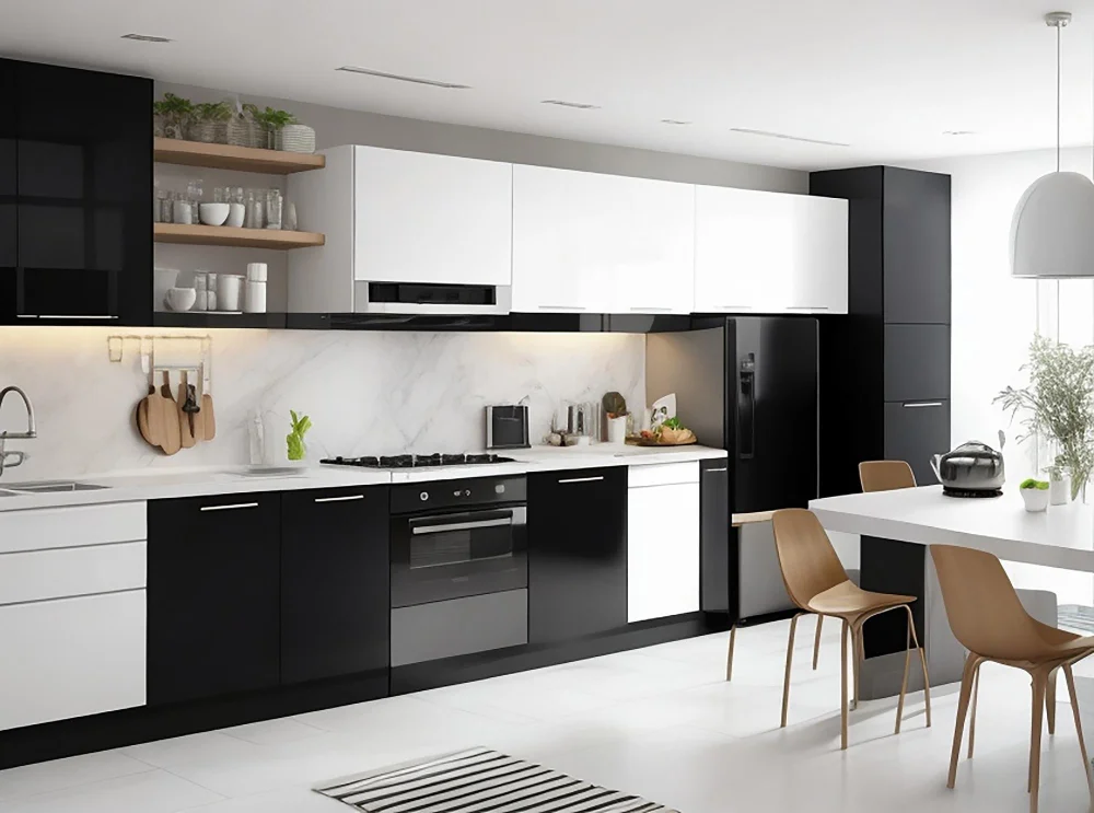Modern Kitchen Design Layout Open Shelving Black and White Cabinets Wooden Chairs
