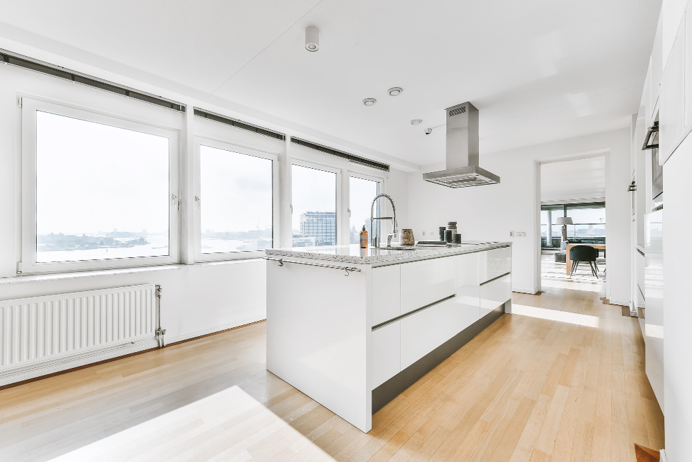 Modern galley kitchen Glass Windows Exhaust Hood White