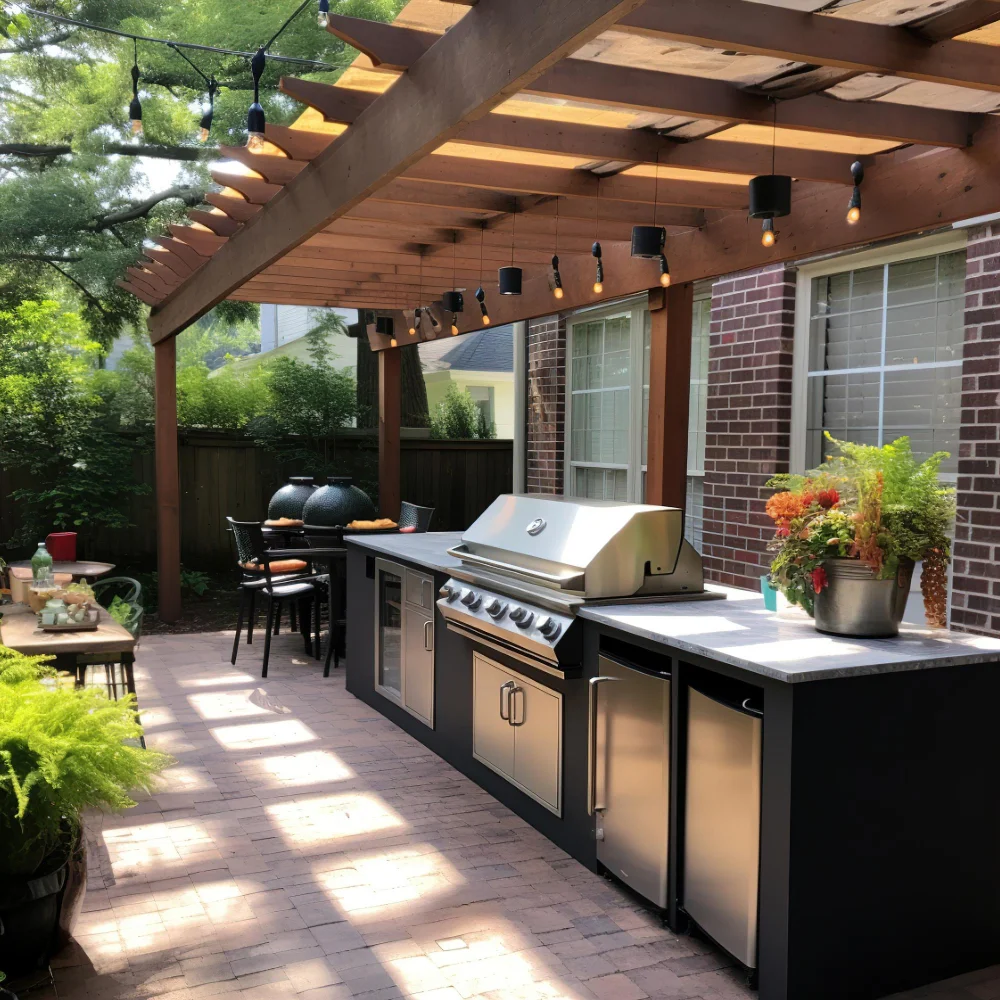 Outdoor Kitchen with Pergola Cover and Lightings