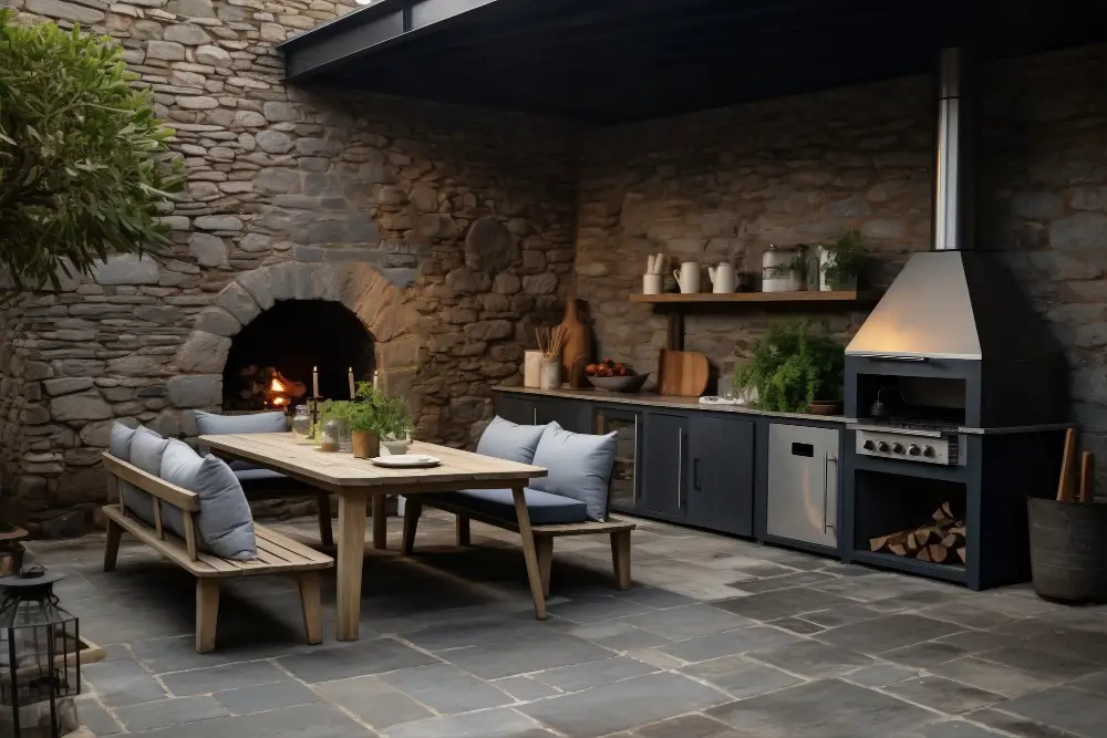 Outdoor Stone Kitchen with Fireplace