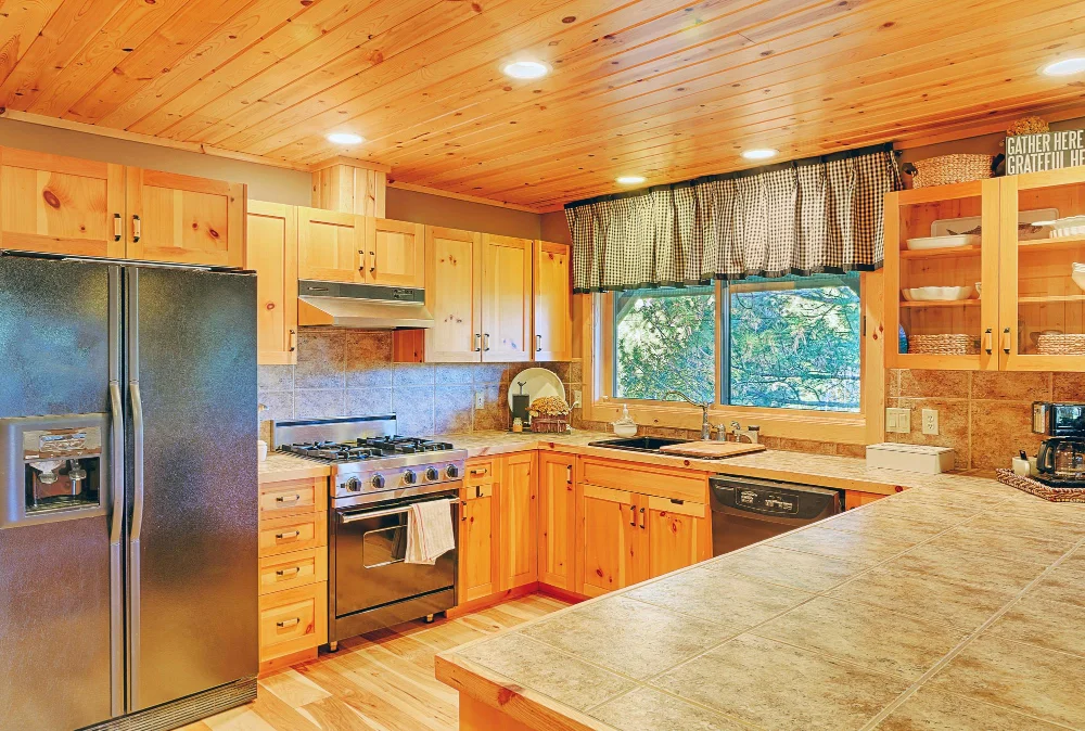 Pine Wood Kitchen Cabinets - Tile Countertops Recess Light Rustic