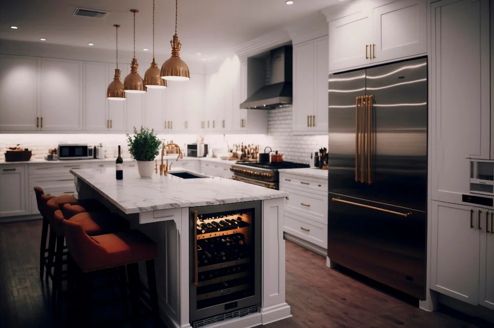 Quartz Kitchen Countertop White Kitchen Cabinets Pendant and Recess Lighting Dim Lumens