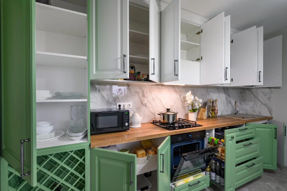 Standard Cabinet Door Thickness - Green and White Dual Color Kitchen Cabinets