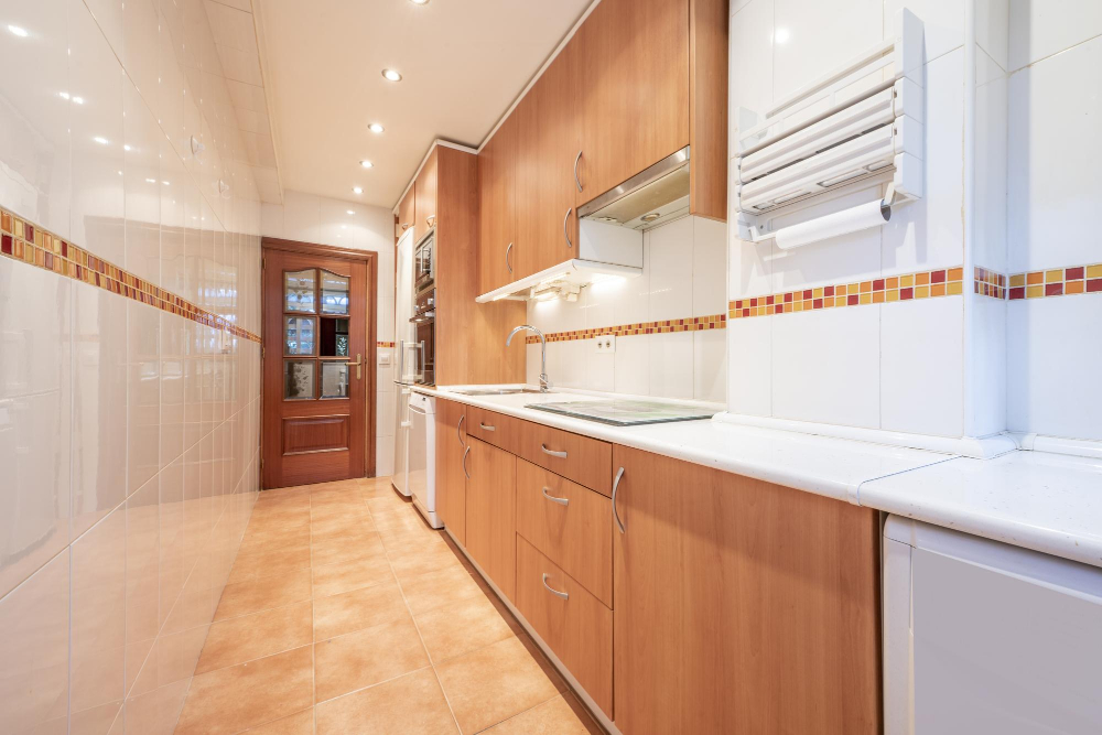 Tile Countertop Resurfacing Cherry Wooden Kitchen Cabinets White Backsplash
