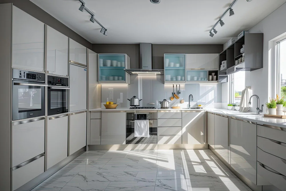Triangle or Ergonomic Kitchen Layout Gray Wall White Cabinets