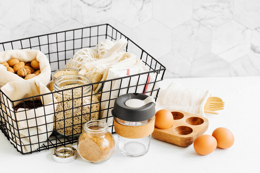 Wire baskets Kitchen Counter with Food Eggs Empty Cup