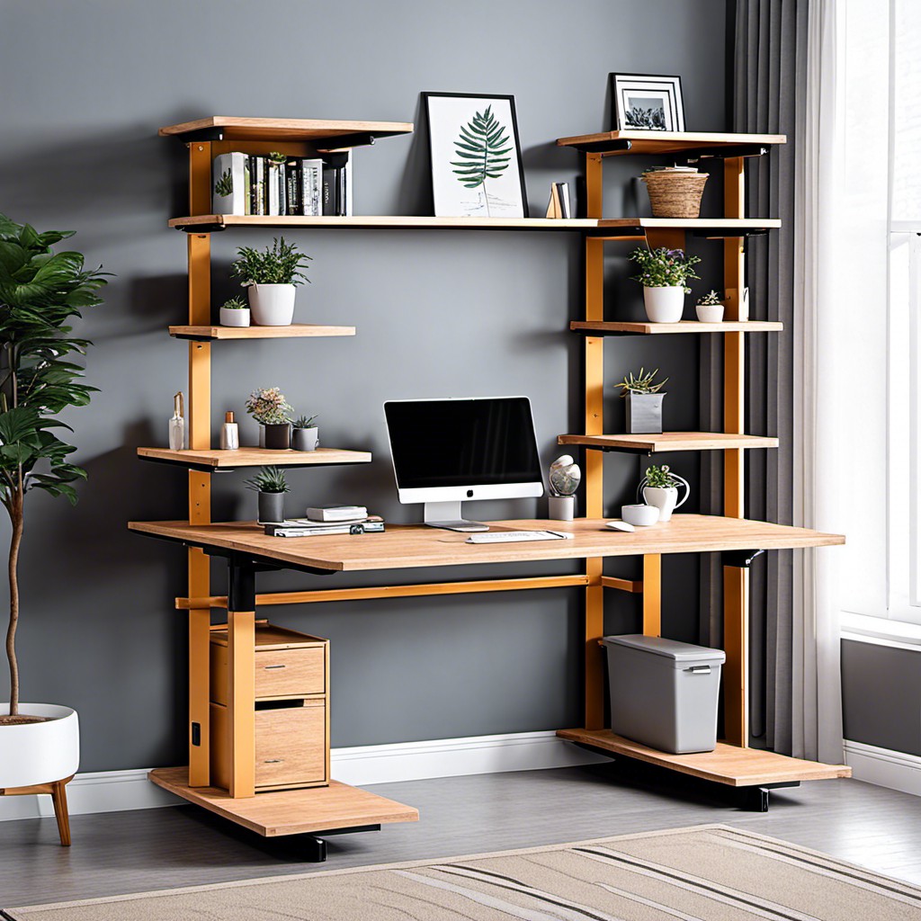 adjustable standing desk with shelves
