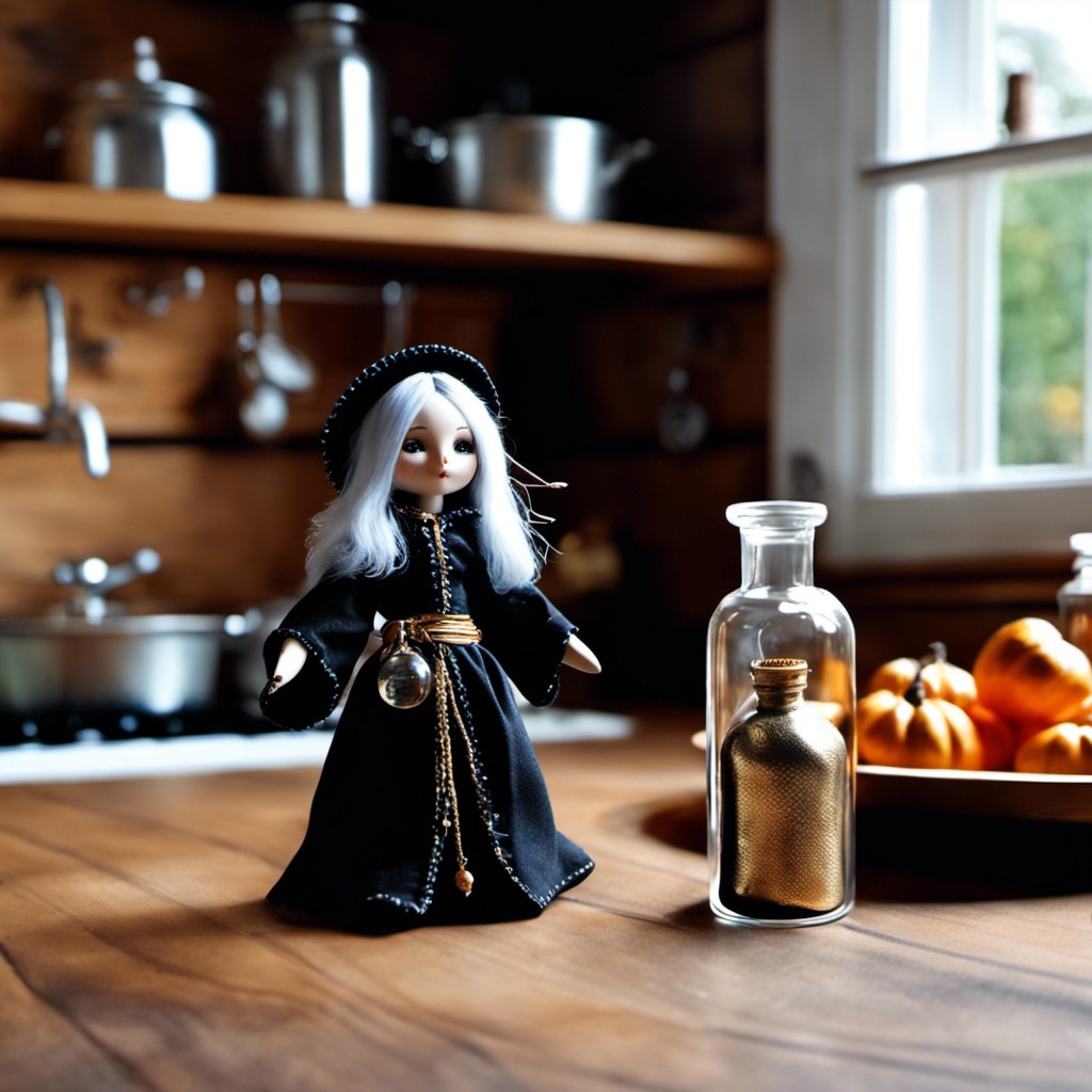 alchemist witch doll with metallic bottle charms