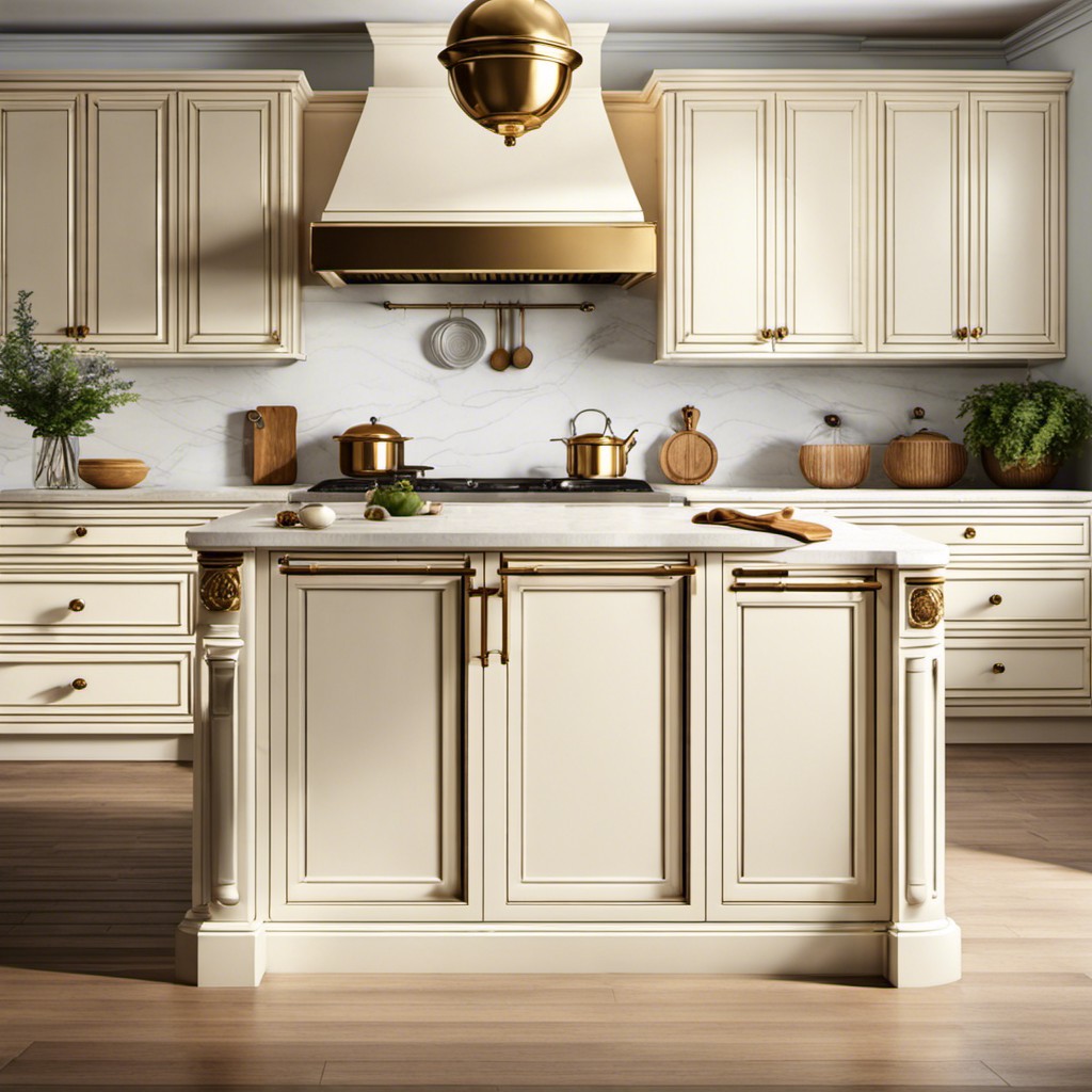 antique white cabinets with gold button knobs