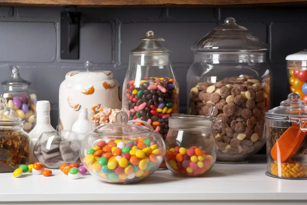 apothecary jars for dessert toppings and candies kitchen pantry counter