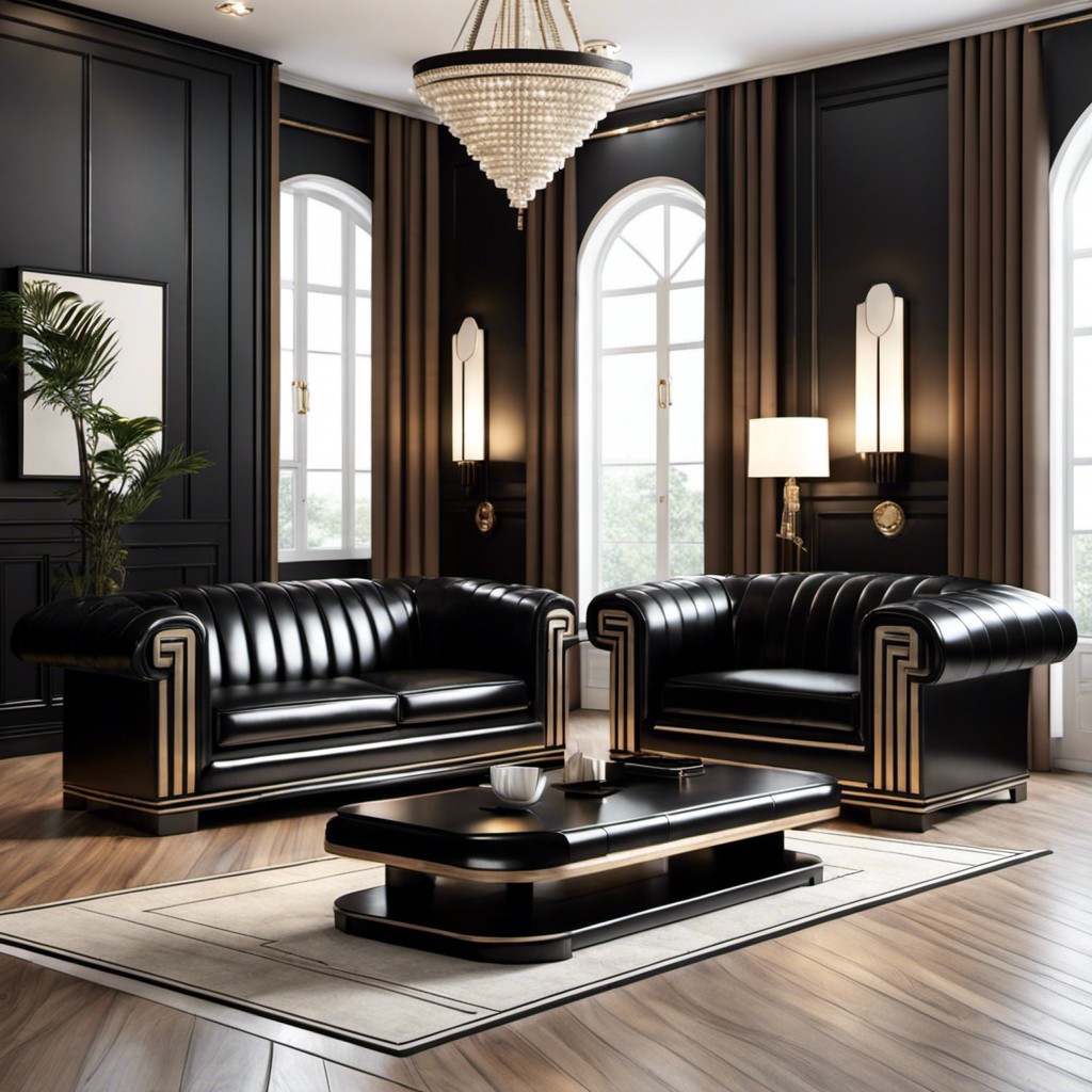 art deco styled living room with a black leather sofa